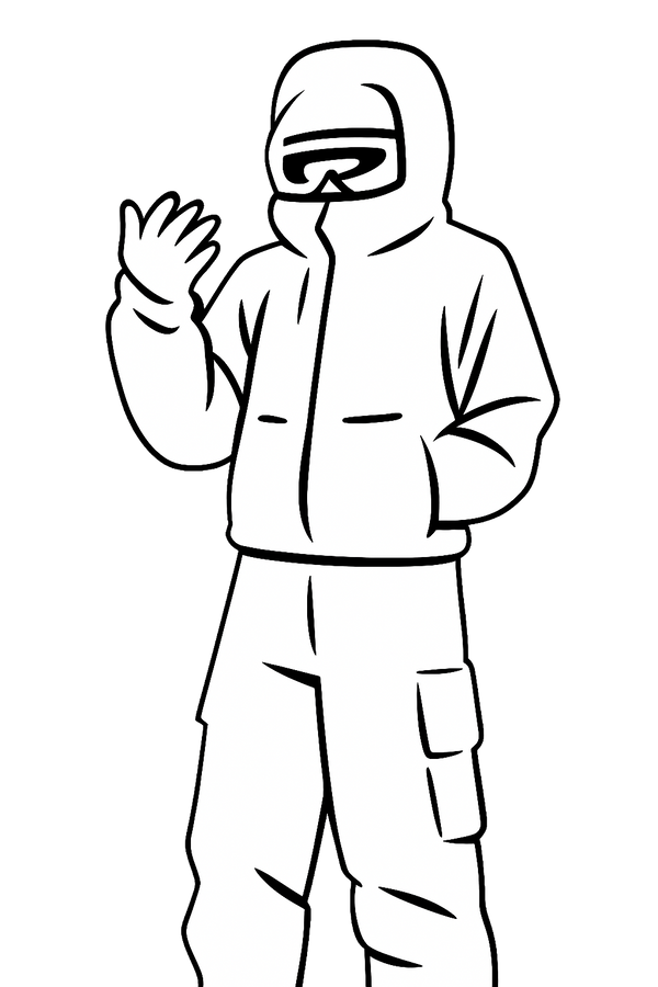 Black and white line drawing of a person wearing a hooded jacket and goggles.